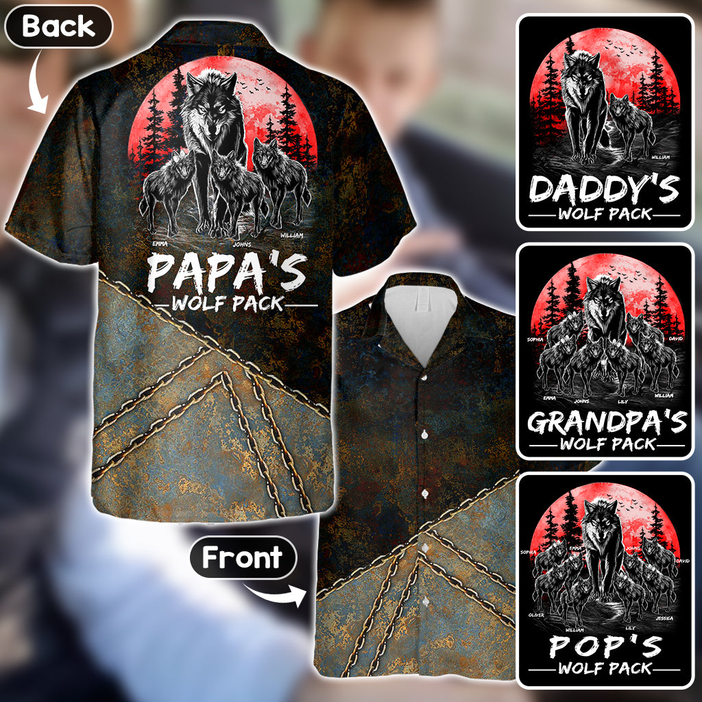 Grandpa's Wolf Pack Red Full Moon - Personalized Grandpa Hawaiian Shirt
