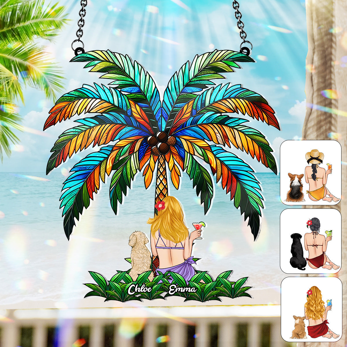 Toi et moi sous le palmier - Attrape-soleil personnalisé pour fenêtre avec motif chien 