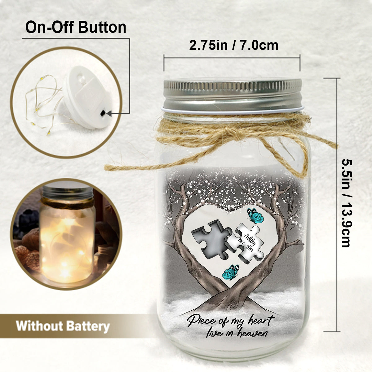 Lampe commémorative personnalisée en forme de bocal Mason, libellule et papillon - Plume céleste