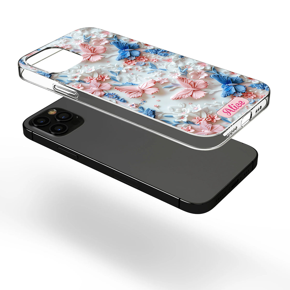 Coque de téléphone transparente personnalisée avec papillons roses et bleus