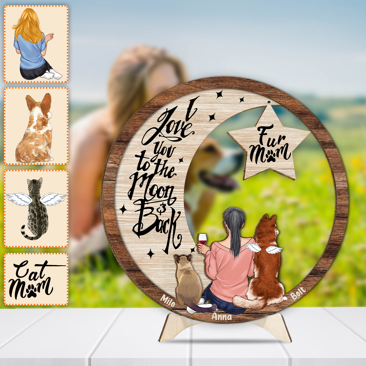 Tu me manques, je sais que je t'aime jusqu'à la lune et retour - Plaque en bois personnalisée pour chien (2 couches)