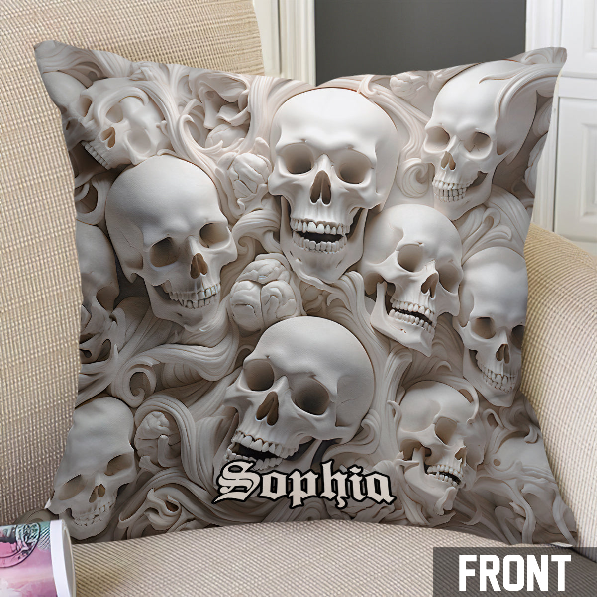 Coussin décoratif personnalisé en forme de crâne White Bones