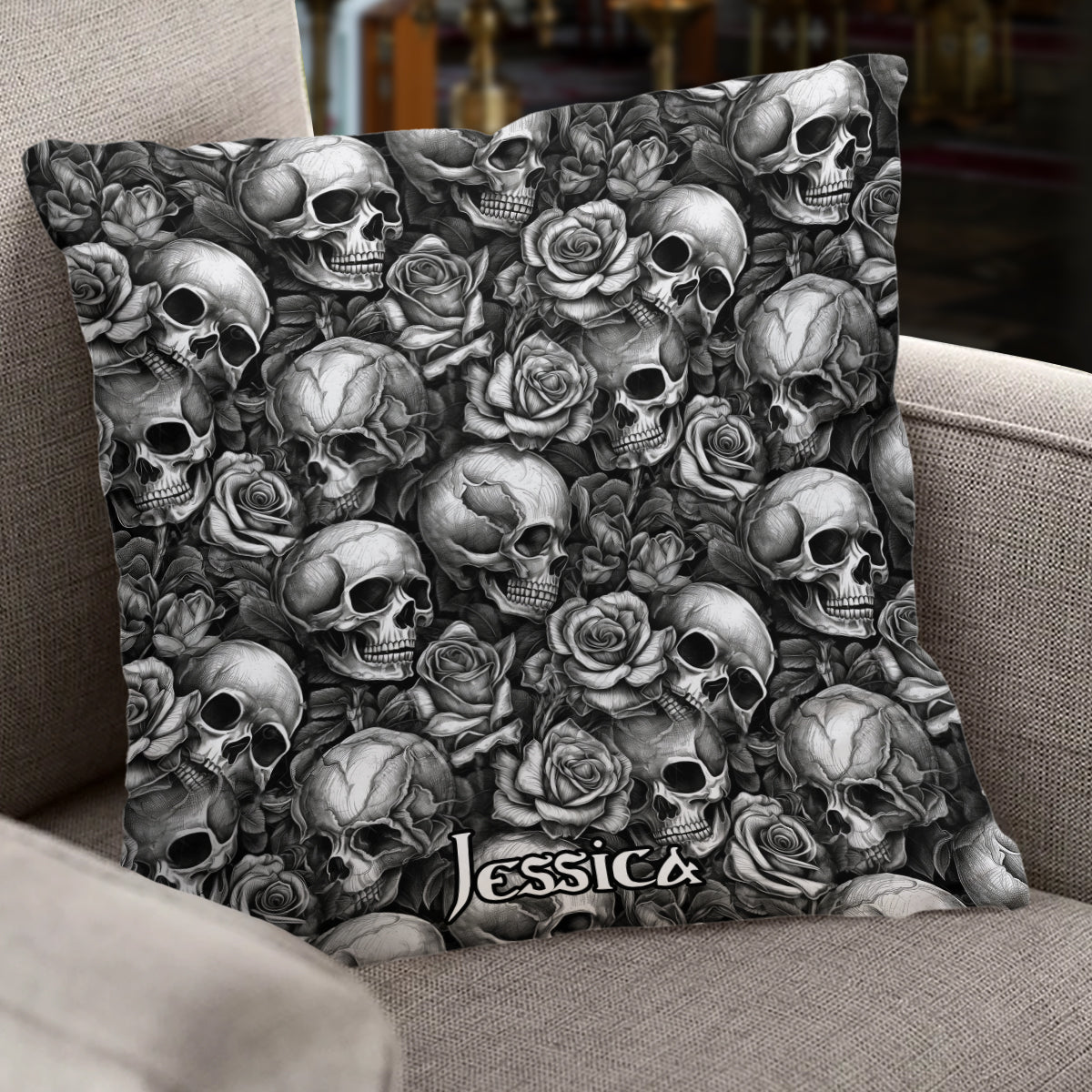 Coussin décoratif personnalisé Tête de mort Roses Noir et Blanc