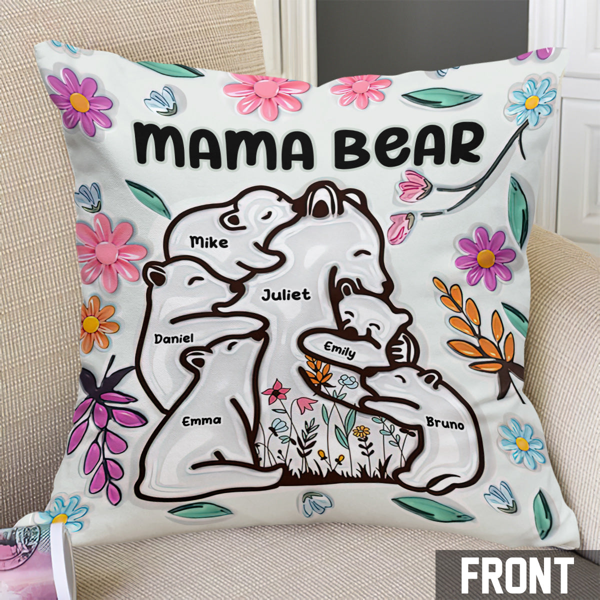 Coussin décoratif personnalisé « Maman ours câlinant ses petits » style floral