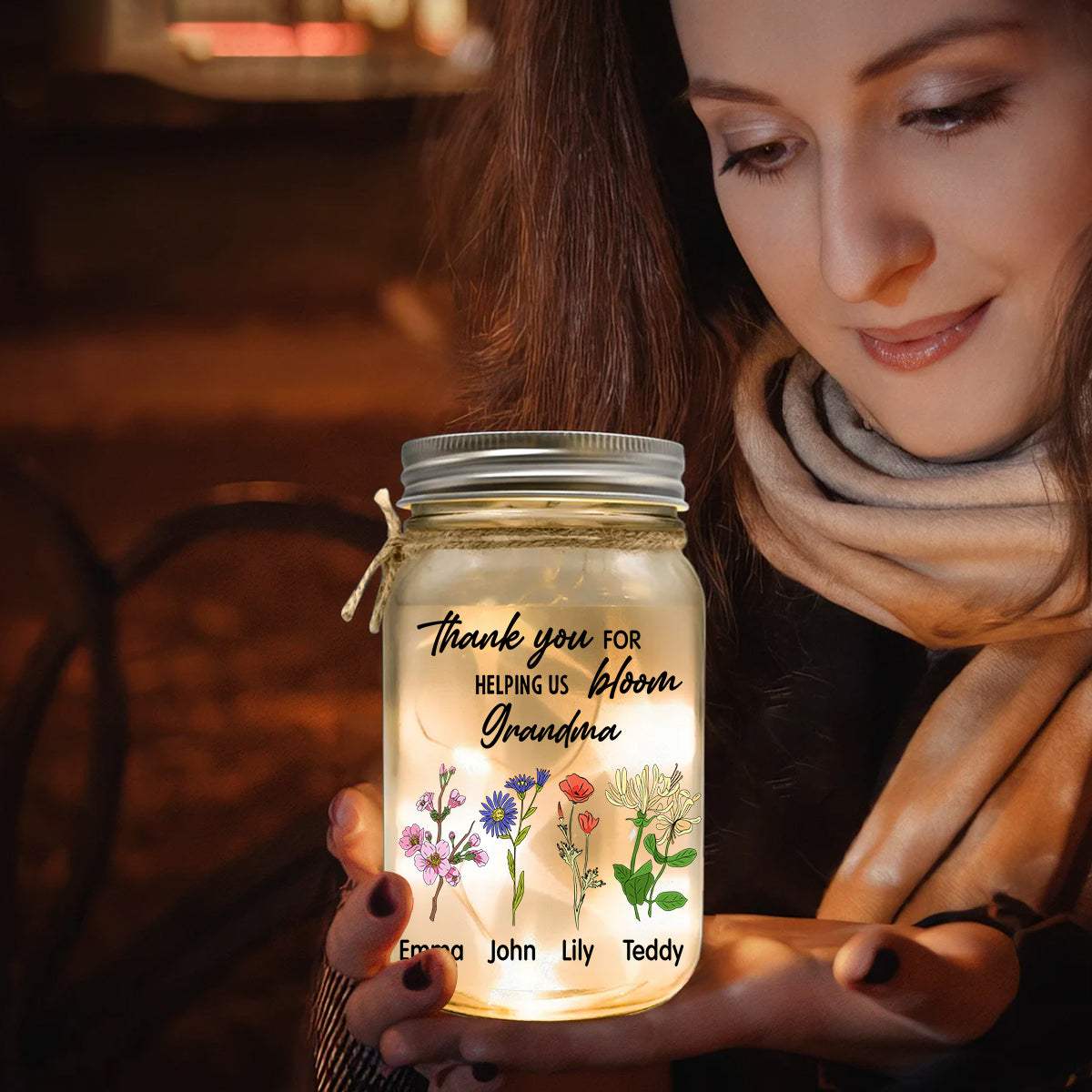 Merci de nous avoir aidés à nous épanouir - Lampe personnalisée pour bocal Mason « Grand-mère »