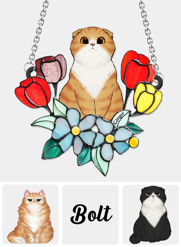 Chat parmi les fleurs - Décoration attrape-soleil personnalisée à suspendre à la fenêtre - Chat 