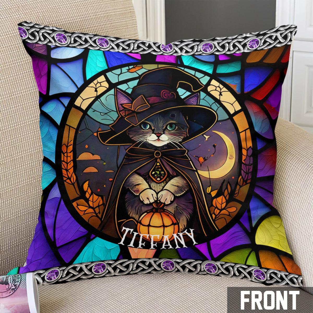 Magnifique vitrail représentant une sorcière et un chat noir - Coussin décoratif personnalisé chat noir