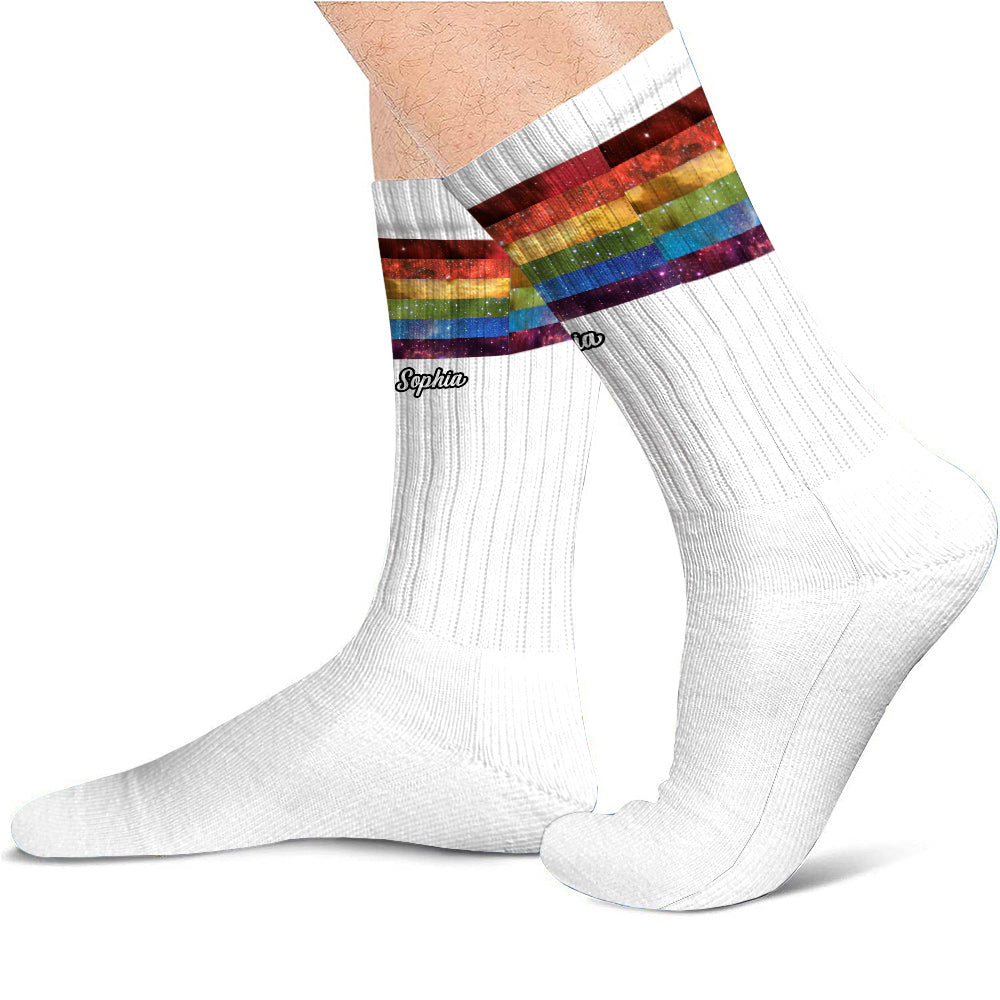 Chaussettes personnalisées de soutien LGBT « Pride Rainbow Galaxy »