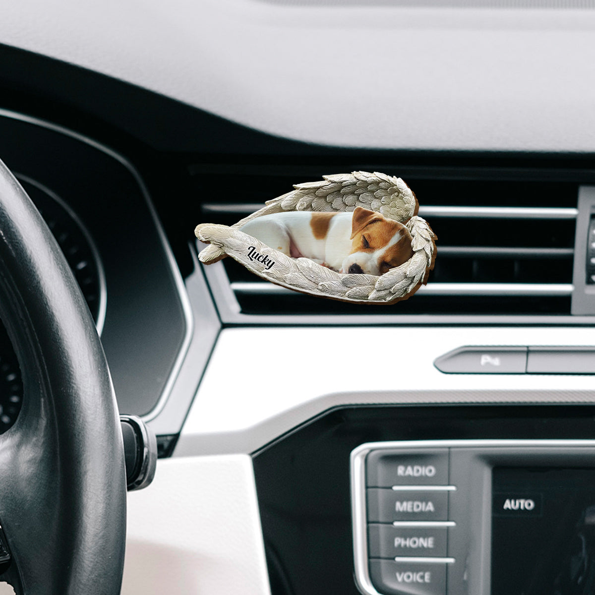 Animal endormi sous des ailes d'ange - Clip de pare-soleil personnalisé en forme de chien