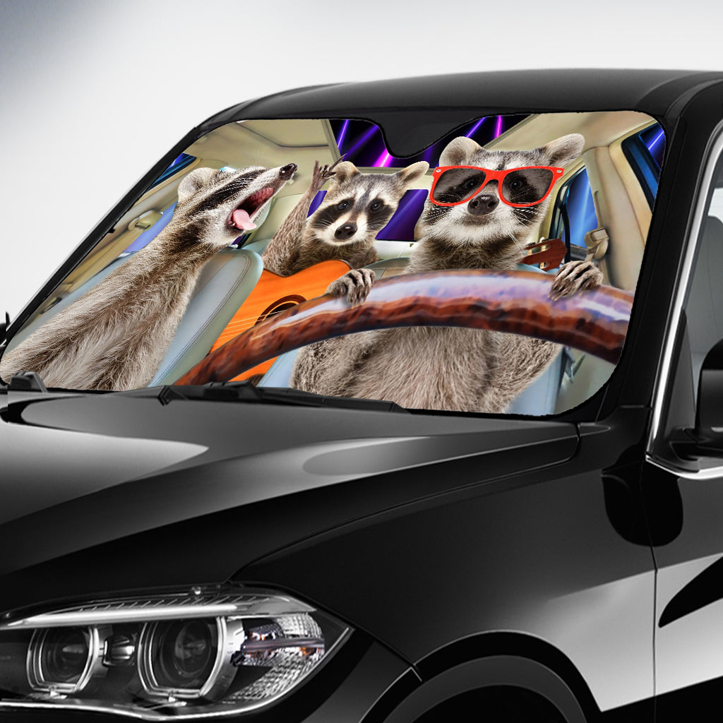 Pare-soleil de voiture personnalisé avec trois ratons laveurs rigolos