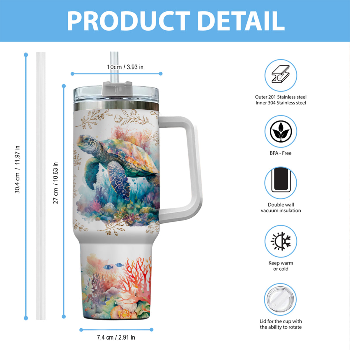 Gobelet isotherme personnalisé « Tortues » avec anse