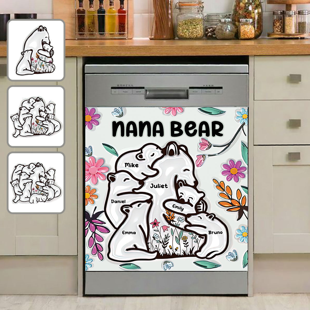 Housse de lave-vaisselle personnalisée « Mamie Ours câlinant ses petits » (motif floral)