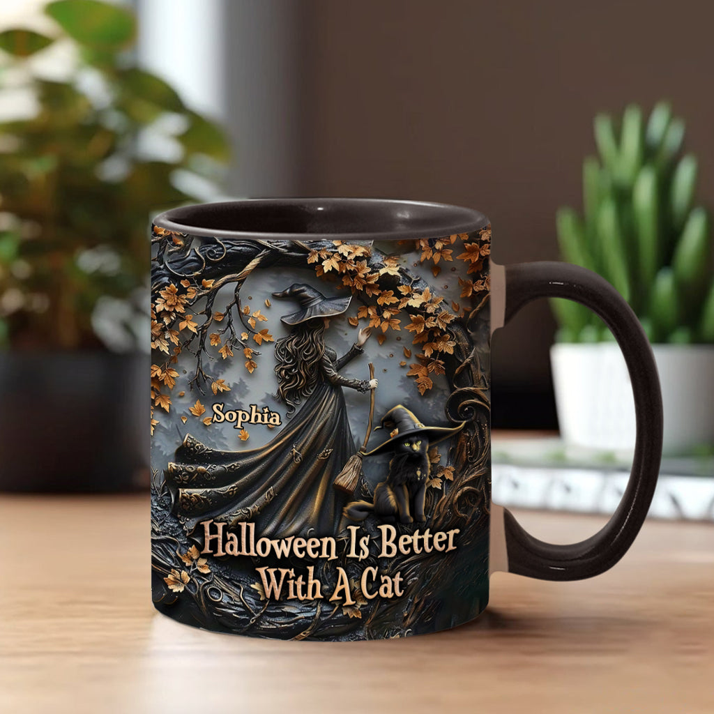 Halloween est plus agréable avec un chat - Mug personnalisé à motif chat noir