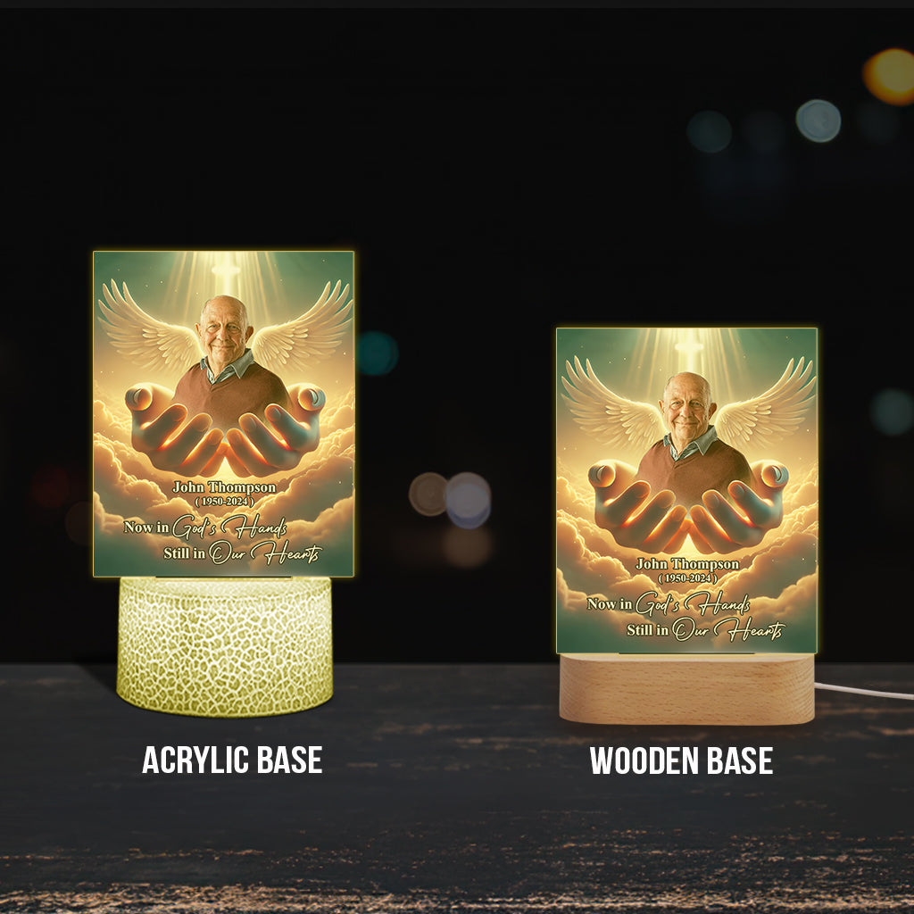 Now in God's hands Still in our hearts - Personalized Memorial Shaped Plaque Light Base