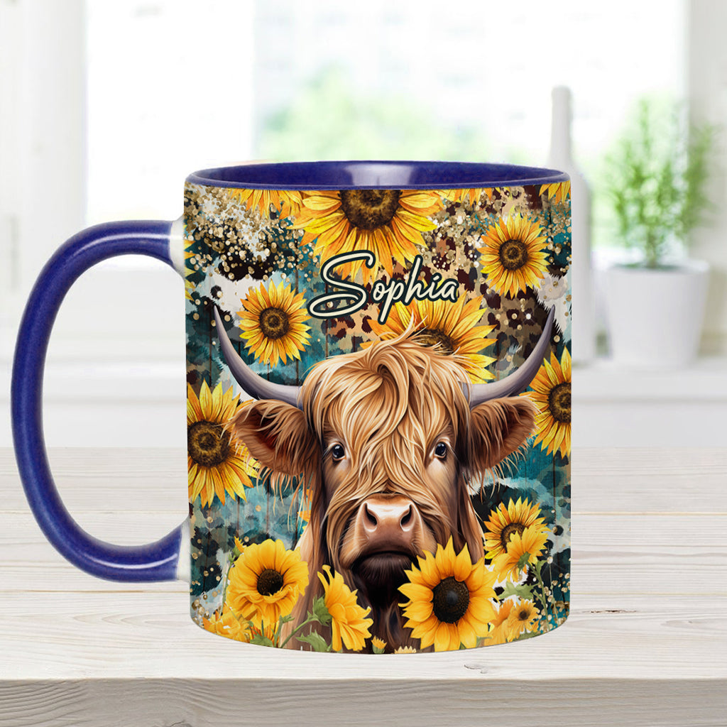 Mug personnalisé « Vache des Highlands parmi les tournesols »