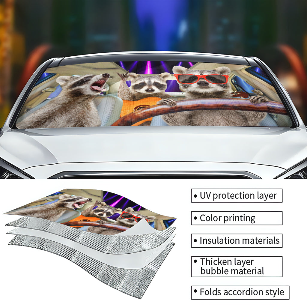 Pare-soleil de voiture personnalisé avec trois ratons laveurs rigolos