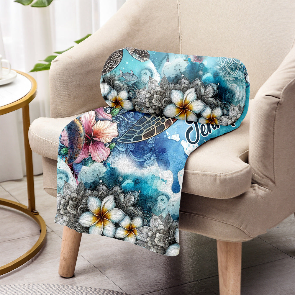 Couverture personnalisée Tortue marine Mandala Fleurs tropicales - Couverture Tortue
