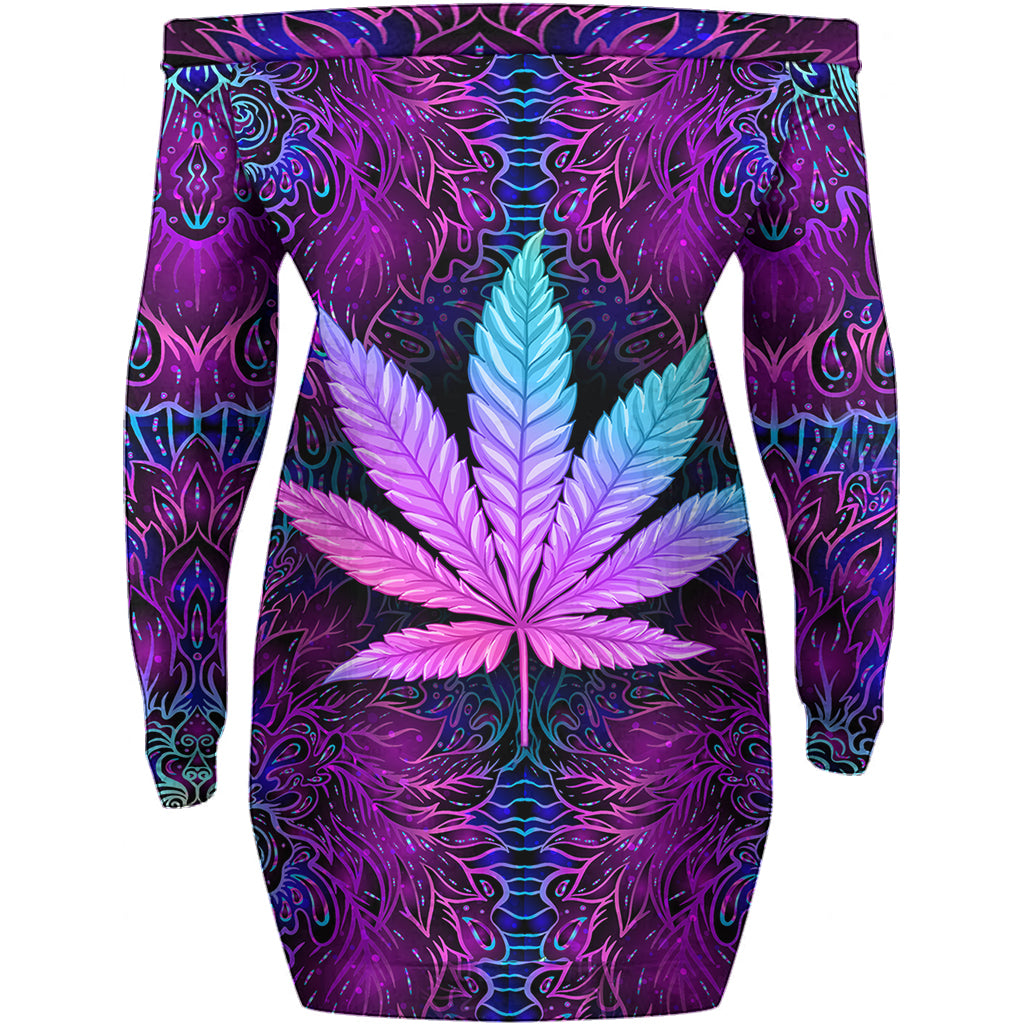 A Little High - Personalized Weed Off Shoulder Long Sleeve Dress