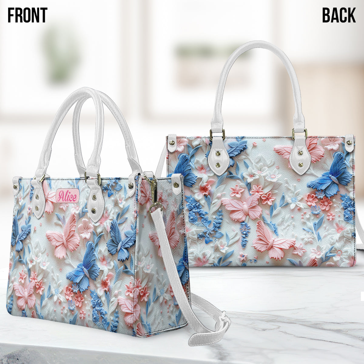 Sac à main en cuir personnalisé avec papillons roses et bleus