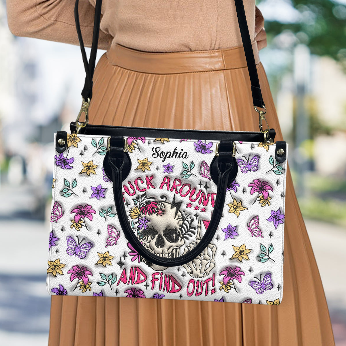 Fais des bêtises et découvre - Sac à main en cuir personnalisé avec tête de mort