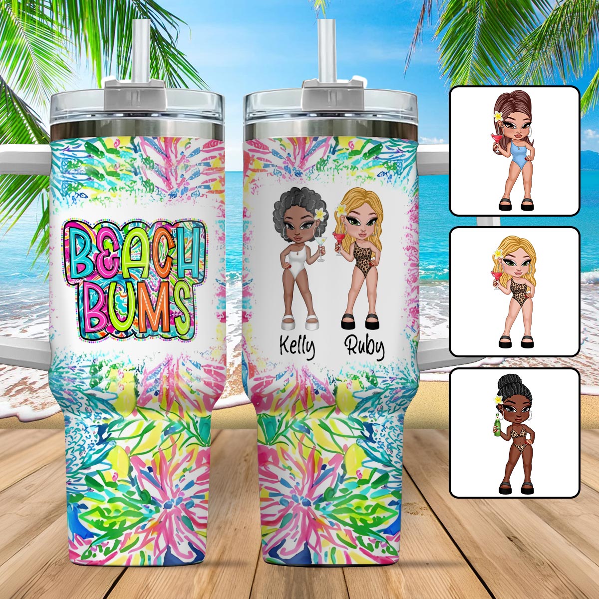 Gobelet isotherme personnalisé « Beach Bum Besties » avec anse, idéal pour les amoureux de la mer