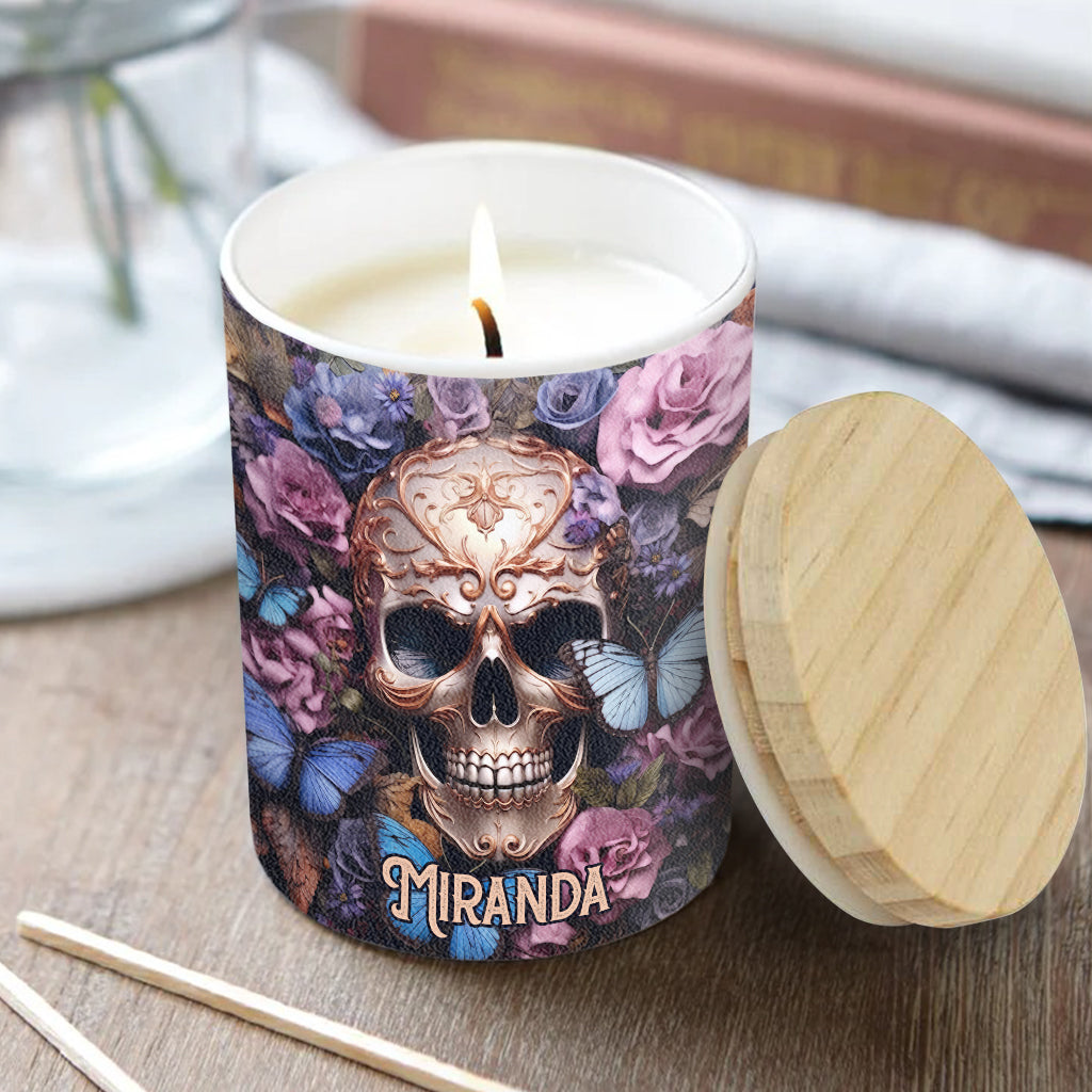Beauté des ténèbres Crâne Roses Papillons - Bougie personnalisée en forme de crâne avec couvercle en bois