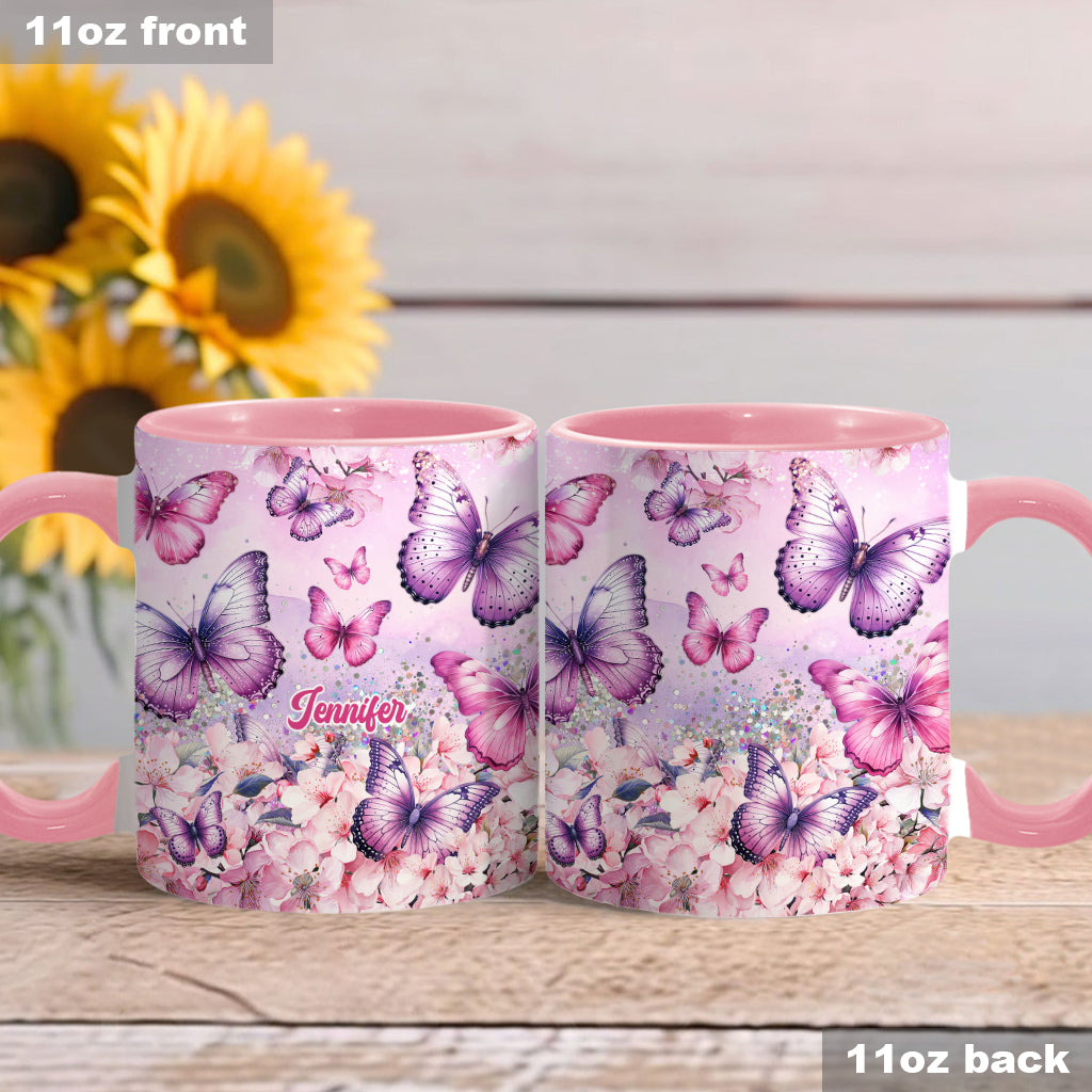Mug personnalisé à motif papillon rose et floral