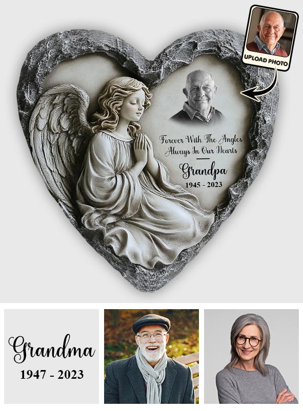 Forever With The Angles, Always In Our Hearts - Personalized Memorial Heart Shaped Stone
