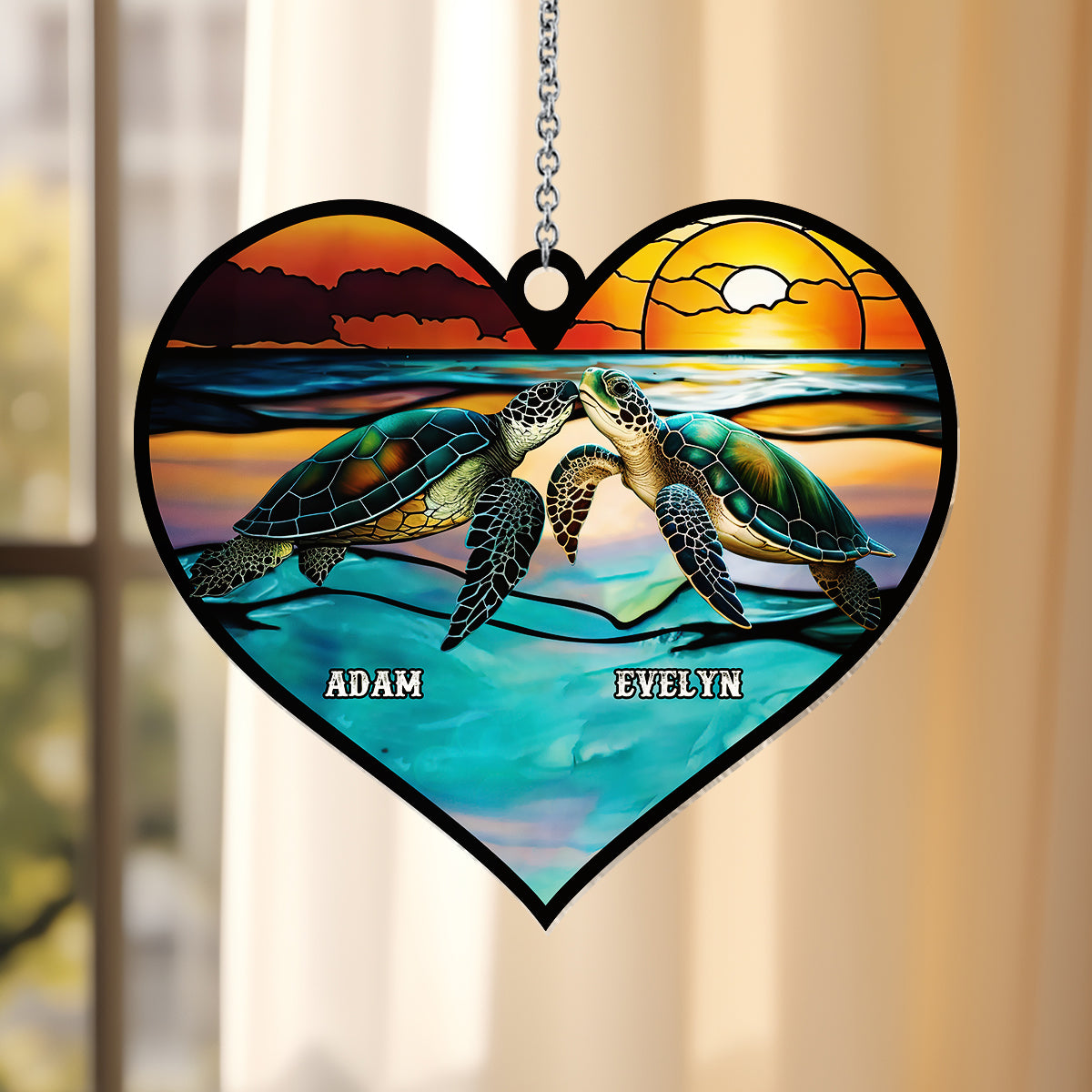 Je t'aime jusqu'à la plage et retour - Décoration attrape-soleil tortue personnalisée à suspendre à la fenêtre