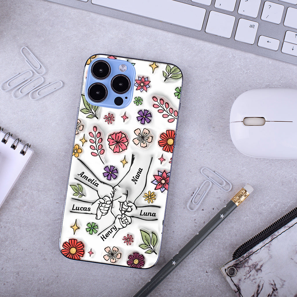 Coque de téléphone personnalisée pour grand-mère avec motif floral printanier et mains qui se tiennent - Mamie et maman