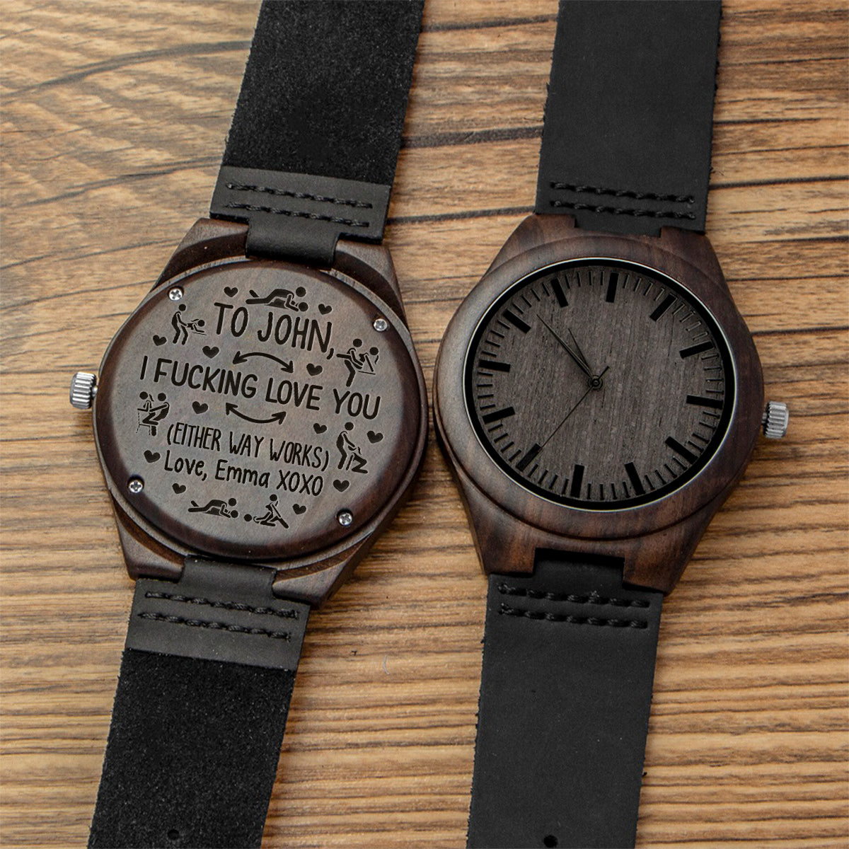 Je t'aime - Montre en bois gravée personnalisée pour couple
