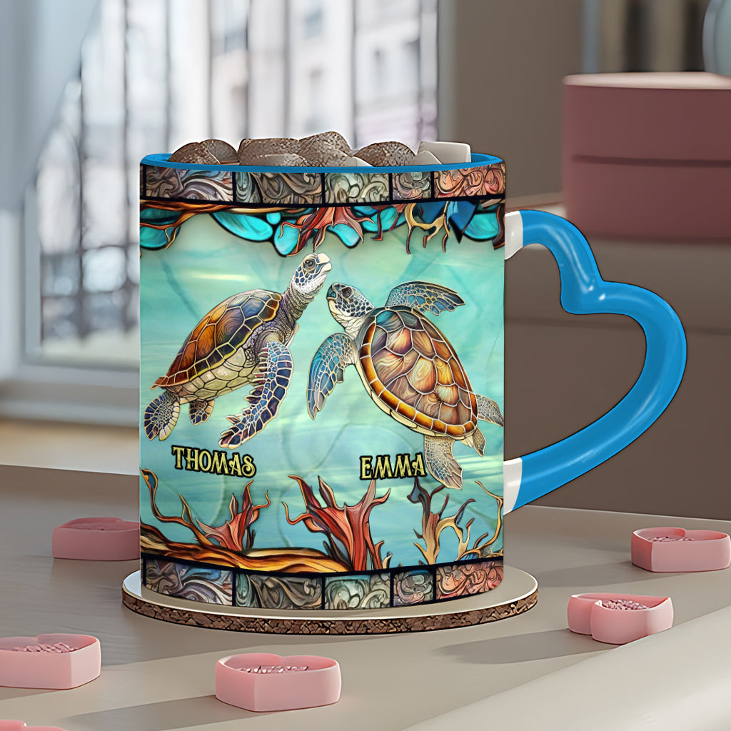 Toi, moi et la mer - Mug personnalisé avec anse en forme de cœur et de tortue