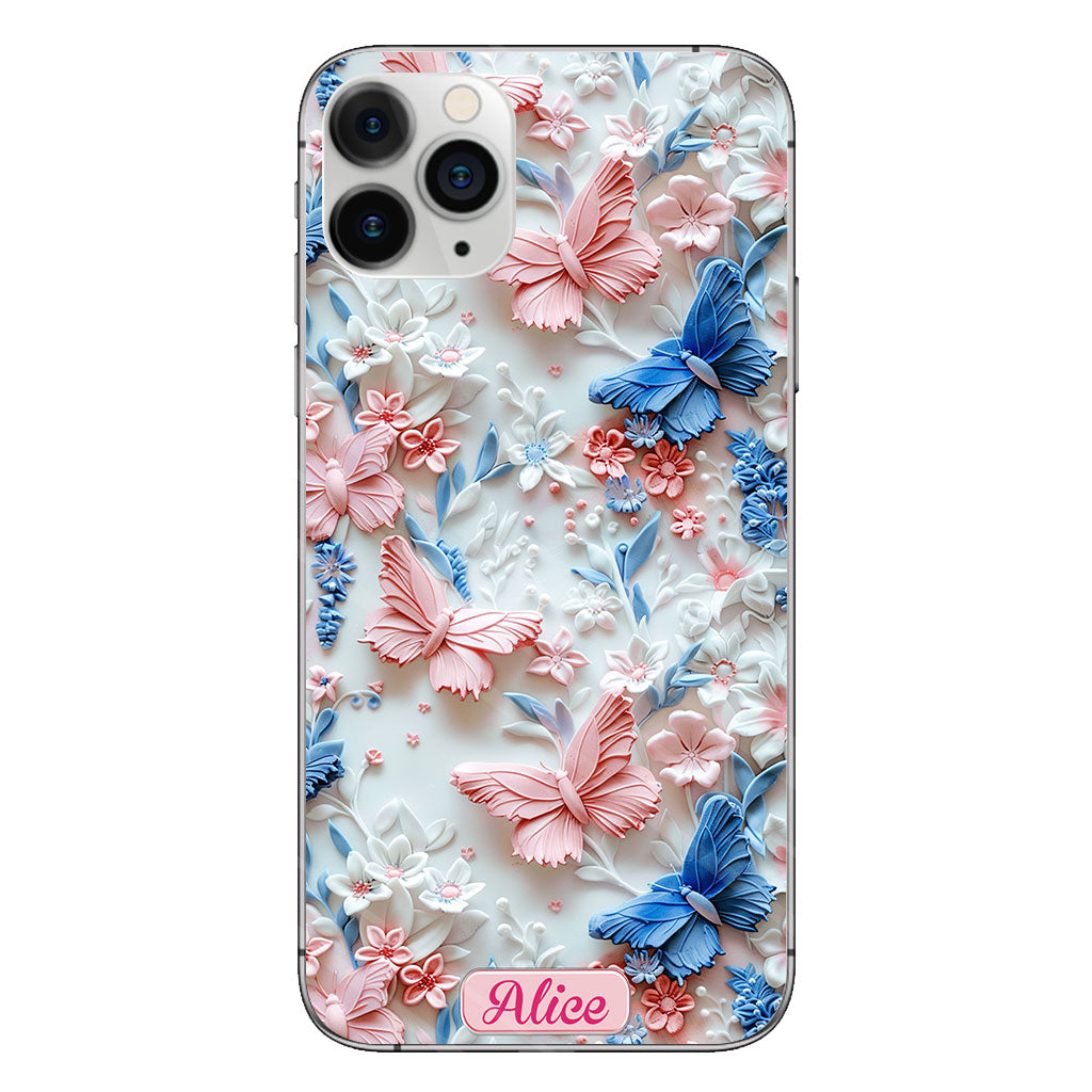 Coque de téléphone transparente personnalisée avec papillons roses et bleus