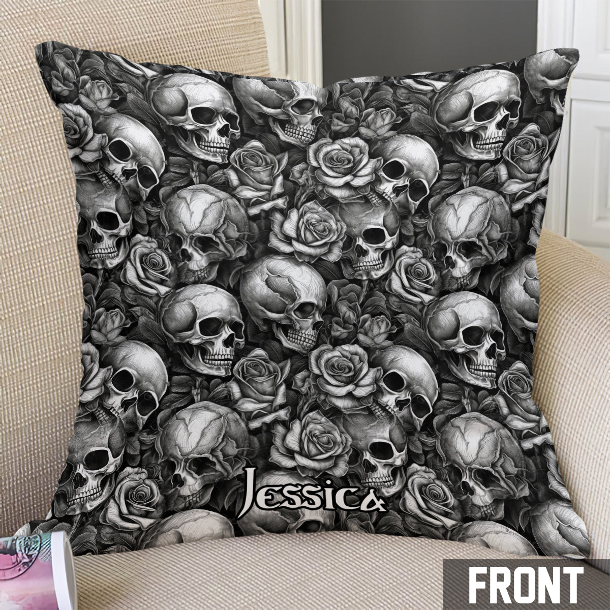 Coussin décoratif personnalisé Tête de mort Roses Noir et Blanc