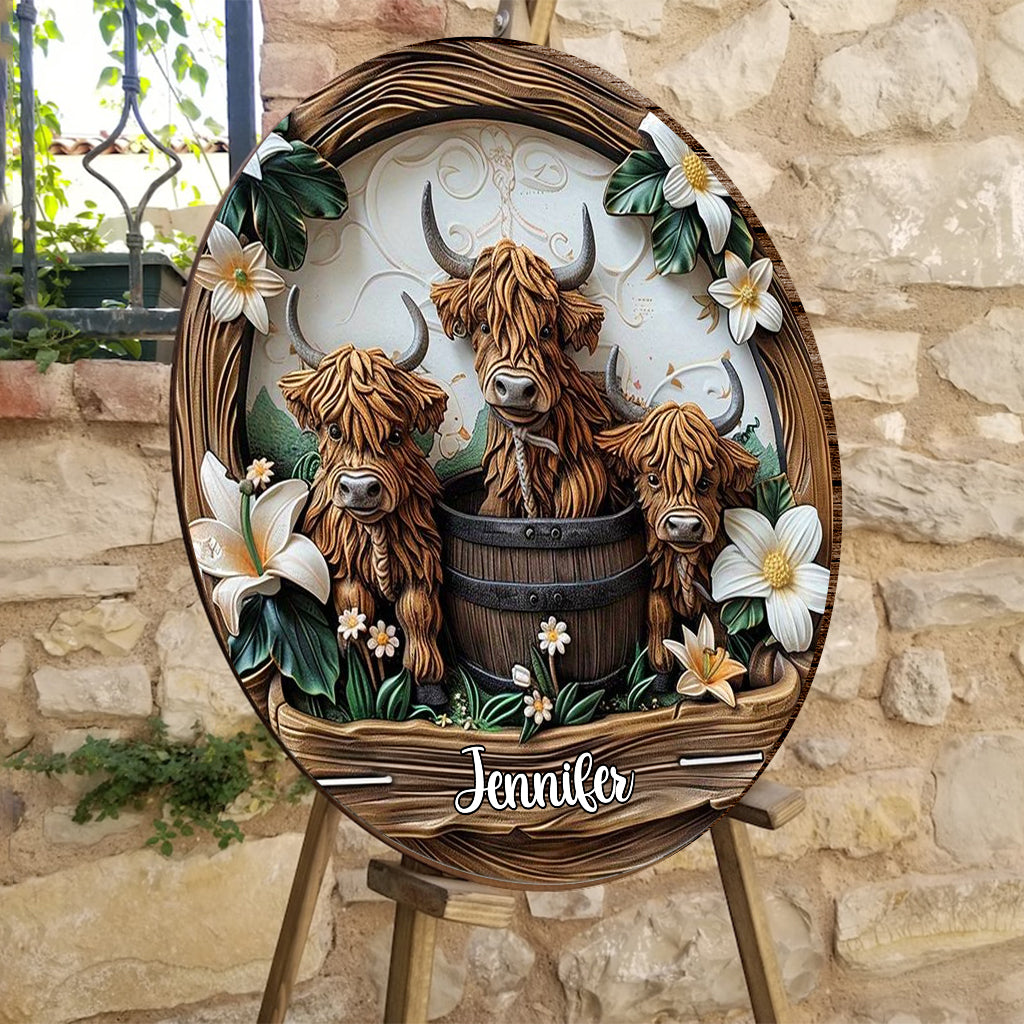 J'adore les vaches des Highlands - Panneau rond en bois personnalisé