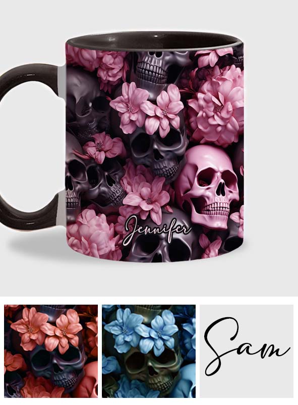 Pink Flowers Black Skulls - Personalized Skull Accent Mug