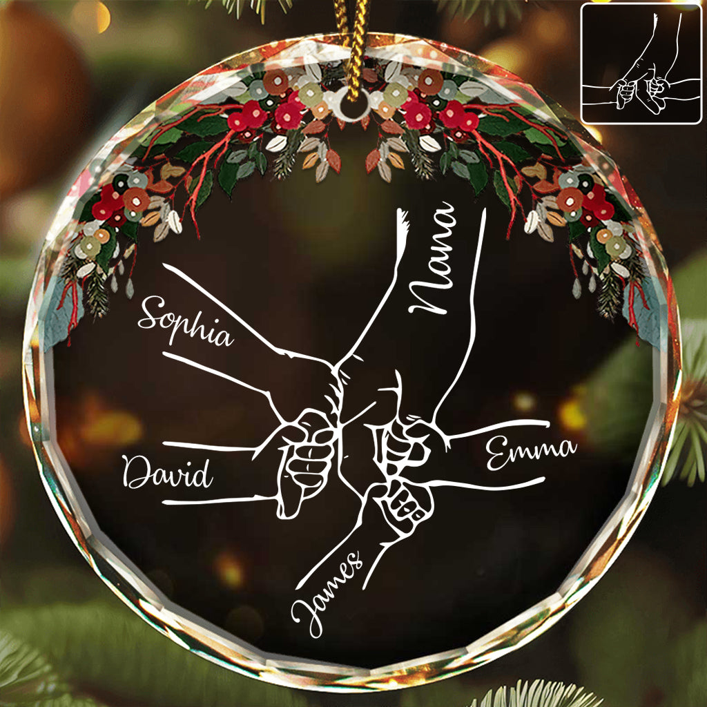 Holding Hands - Personalized Grandma Round Shaped Glass Ornament