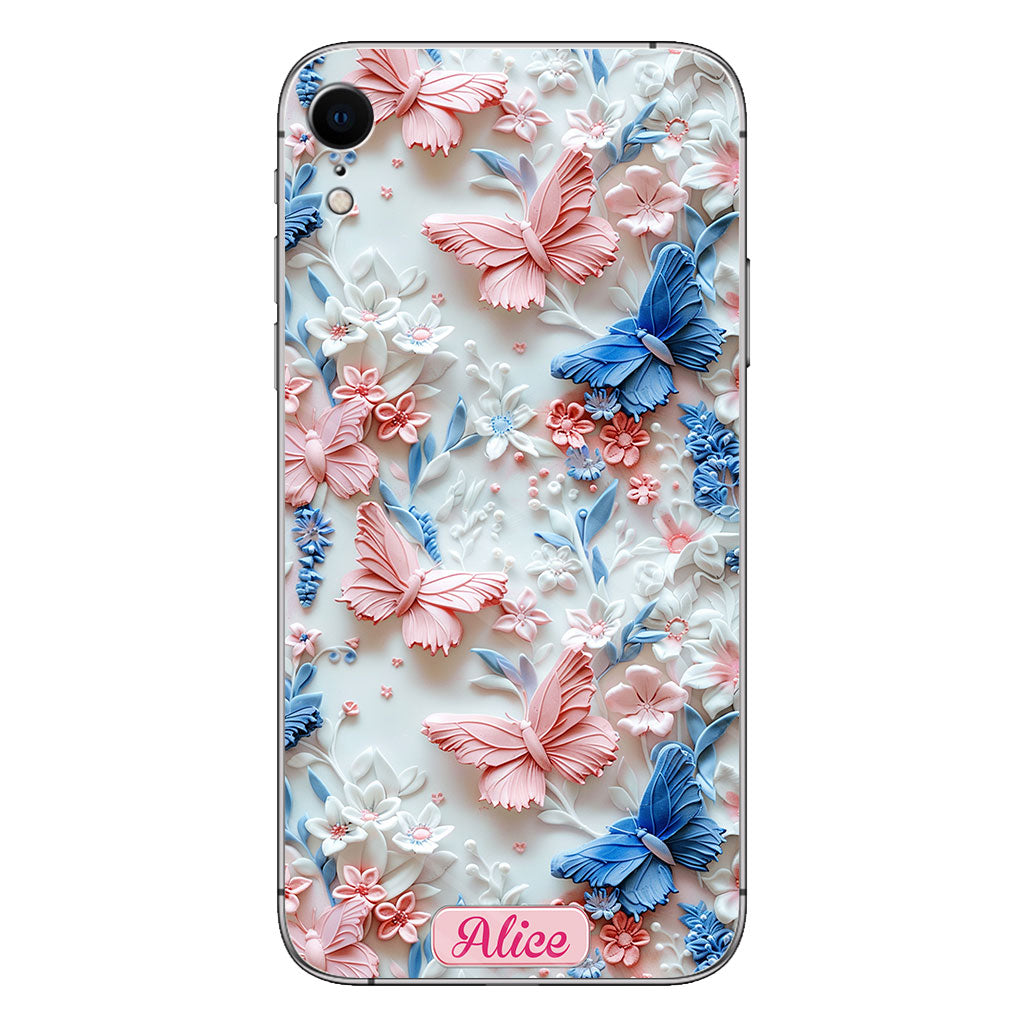 Coque de téléphone transparente personnalisée avec papillons roses et bleus