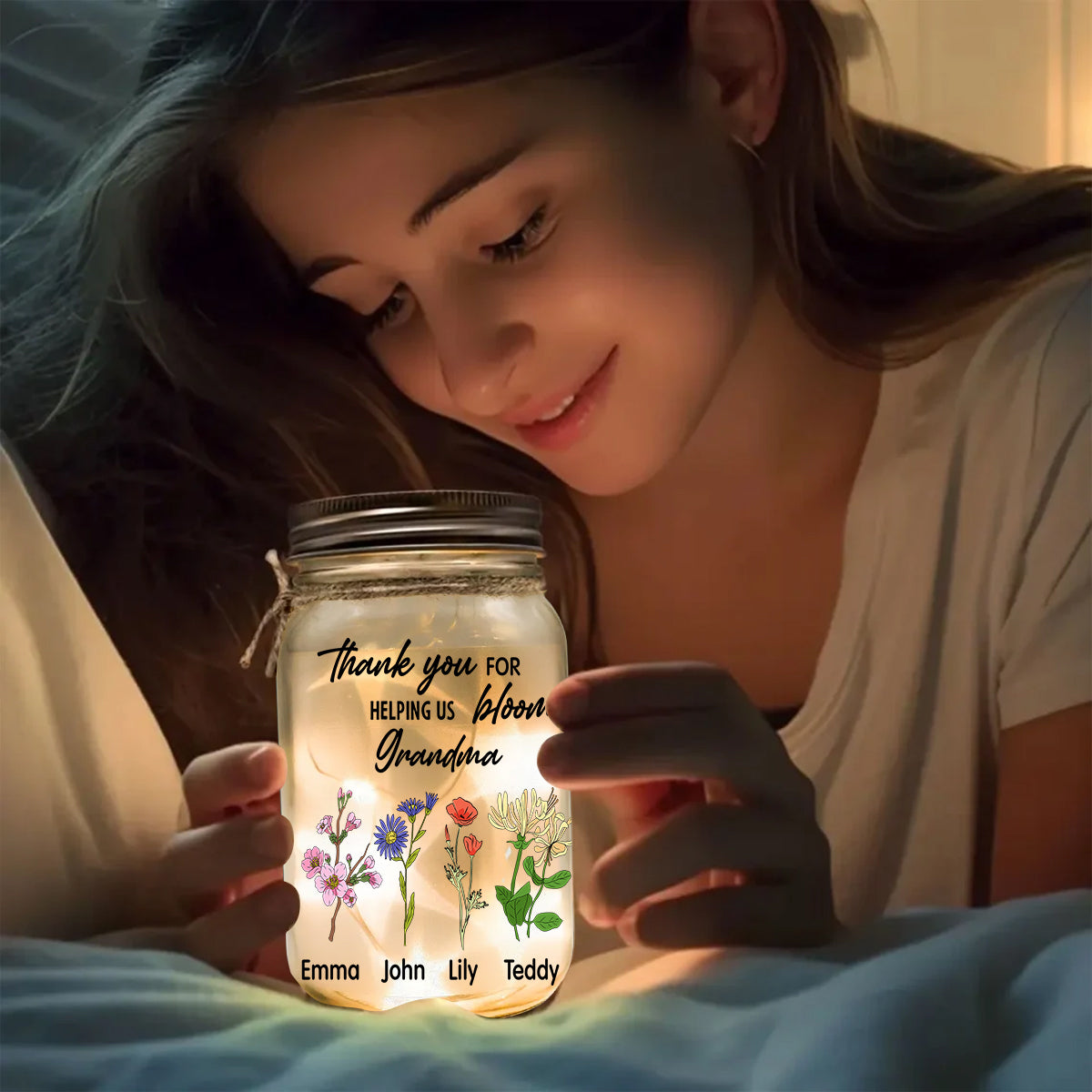 Merci de nous avoir aidés à nous épanouir - Lampe personnalisée pour bocal Mason « Grand-mère »