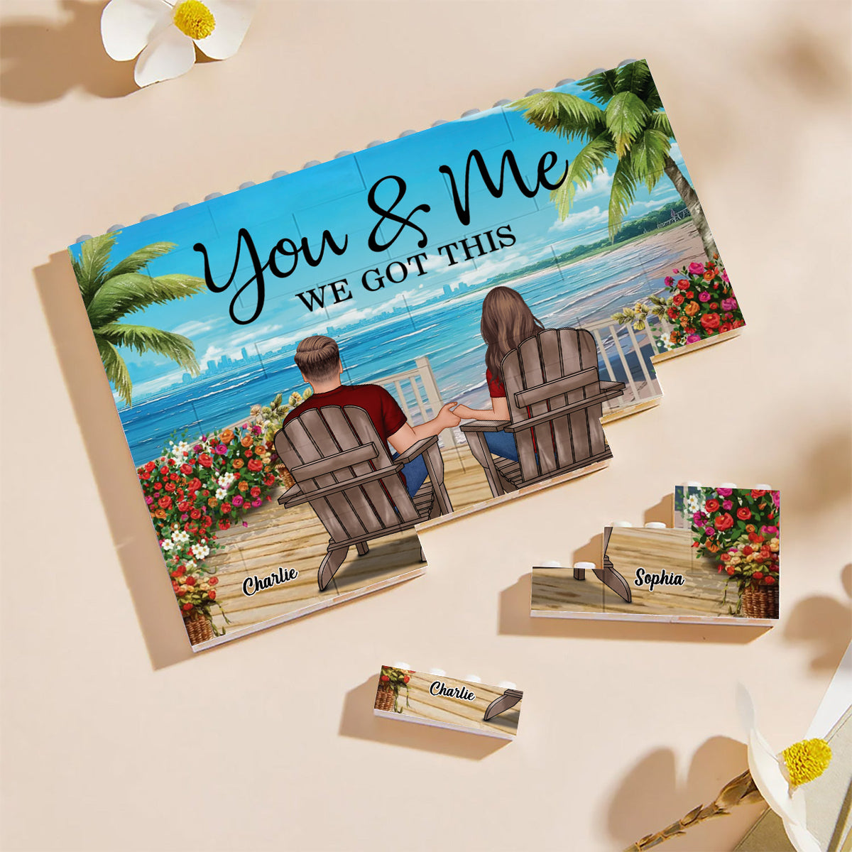 Paysage de plage pour couple, style rétro vintage - Blocs de construction rectangulaires horizontaux personnalisés pour couple (face unique)