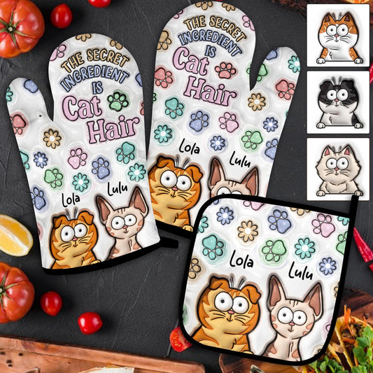 L'ingrédient secret ? Les poils de chat ! – Ensemble de maniques et de gants de cuisine personnalisés à l'effigie de chats
