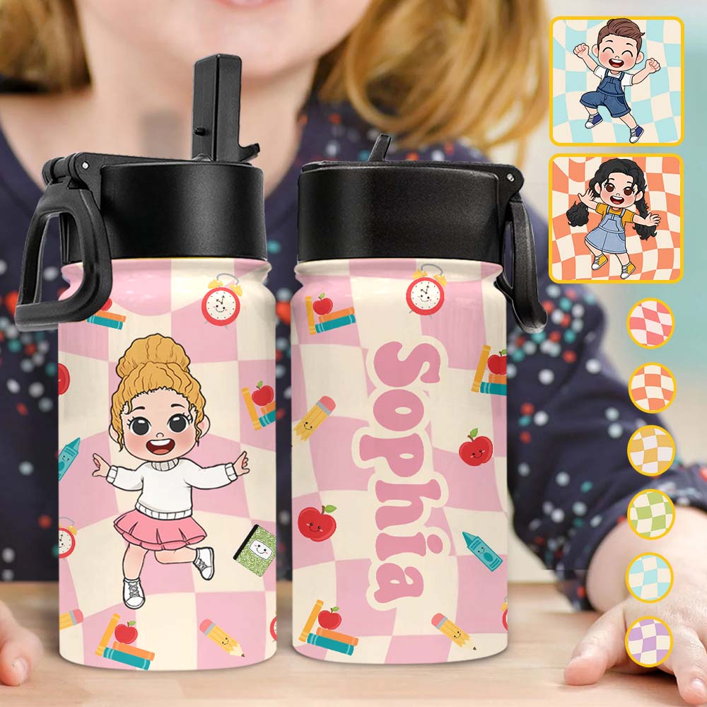 Gourde personnalisée pour enfant - Motif à carreaux ondulés - Rentrée des classes