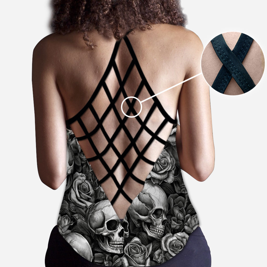 Débardeur personnalisé à motif crâne et roses noir et blanc - Croix crâne