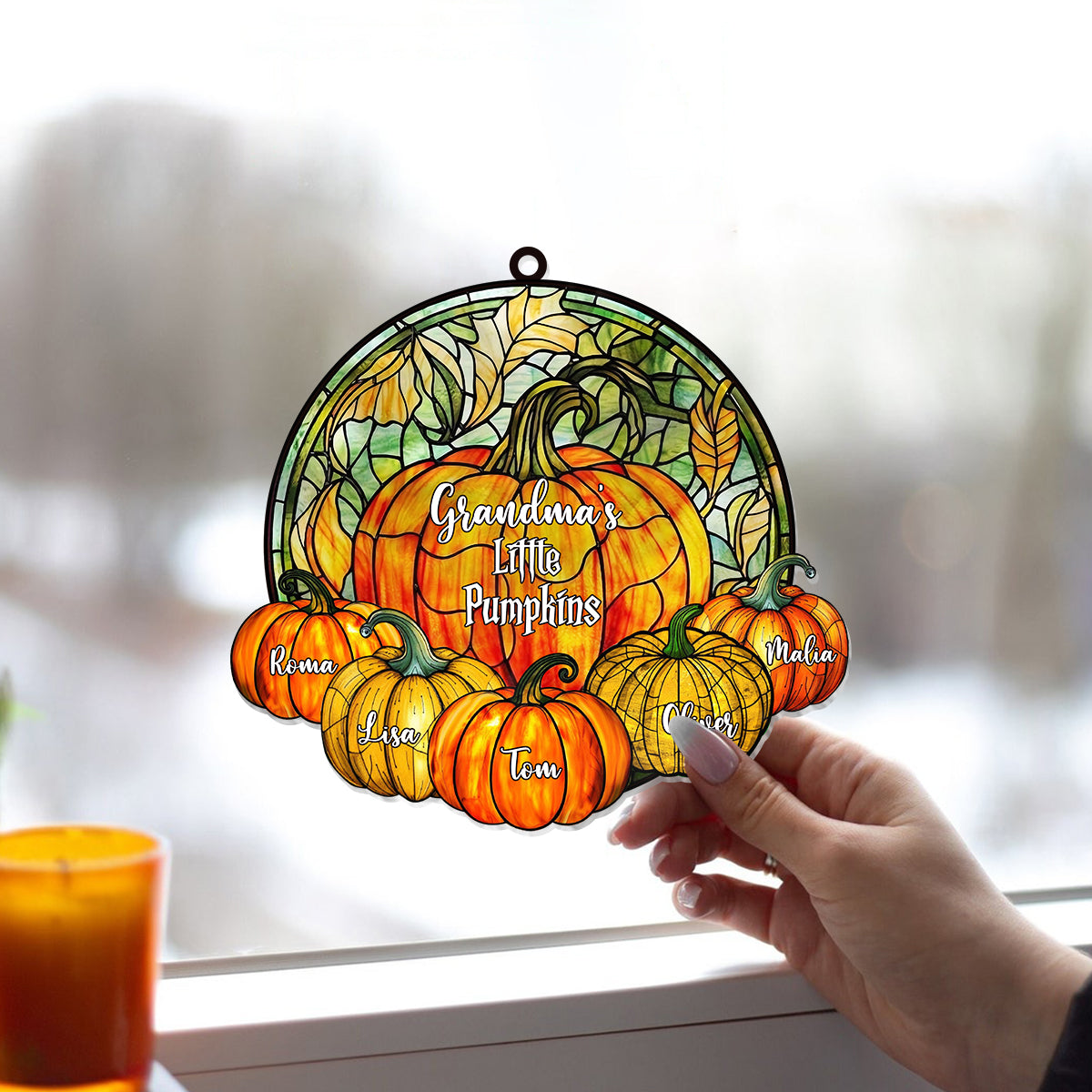 Petites citrouilles de grand-mère - Ornement attrape-soleil personnalisé à suspendre à la fenêtre « Grand-mère » (titre au choix) 