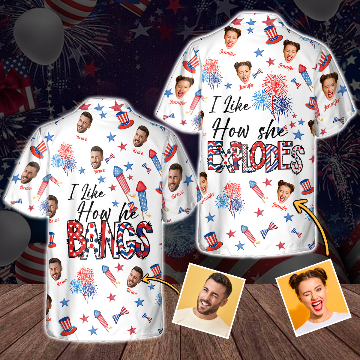 I Like How She Explodes, I Like How He Bangs - Personalized Couple Hawaiian Shirt