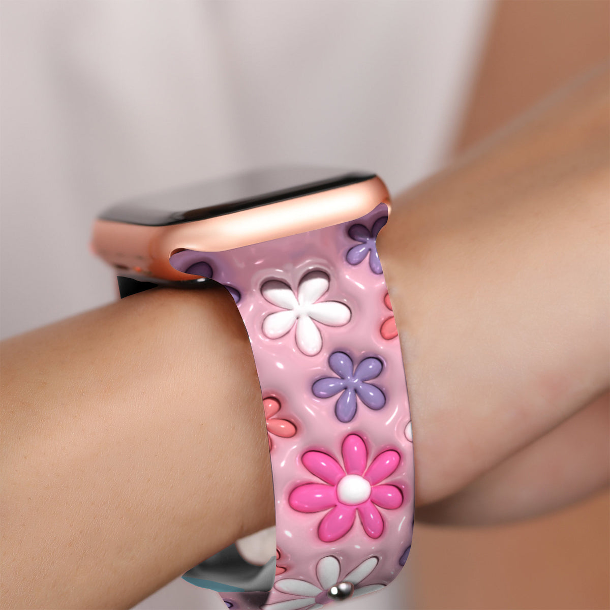Bracelet Apple Watch rose fleuri et bouffant - Bracelet Apple Watch personnalisé