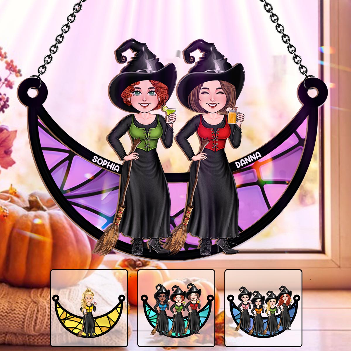 Witches Sitting On The Moon - Personalized Bestie 2 Layered Window Hanging Suncatcher