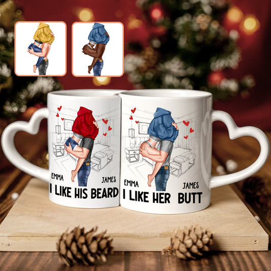 J'aime sa barbe, j'adore ses fesses - Mug assorti personnalisé pour couple avec anse en forme de cœur