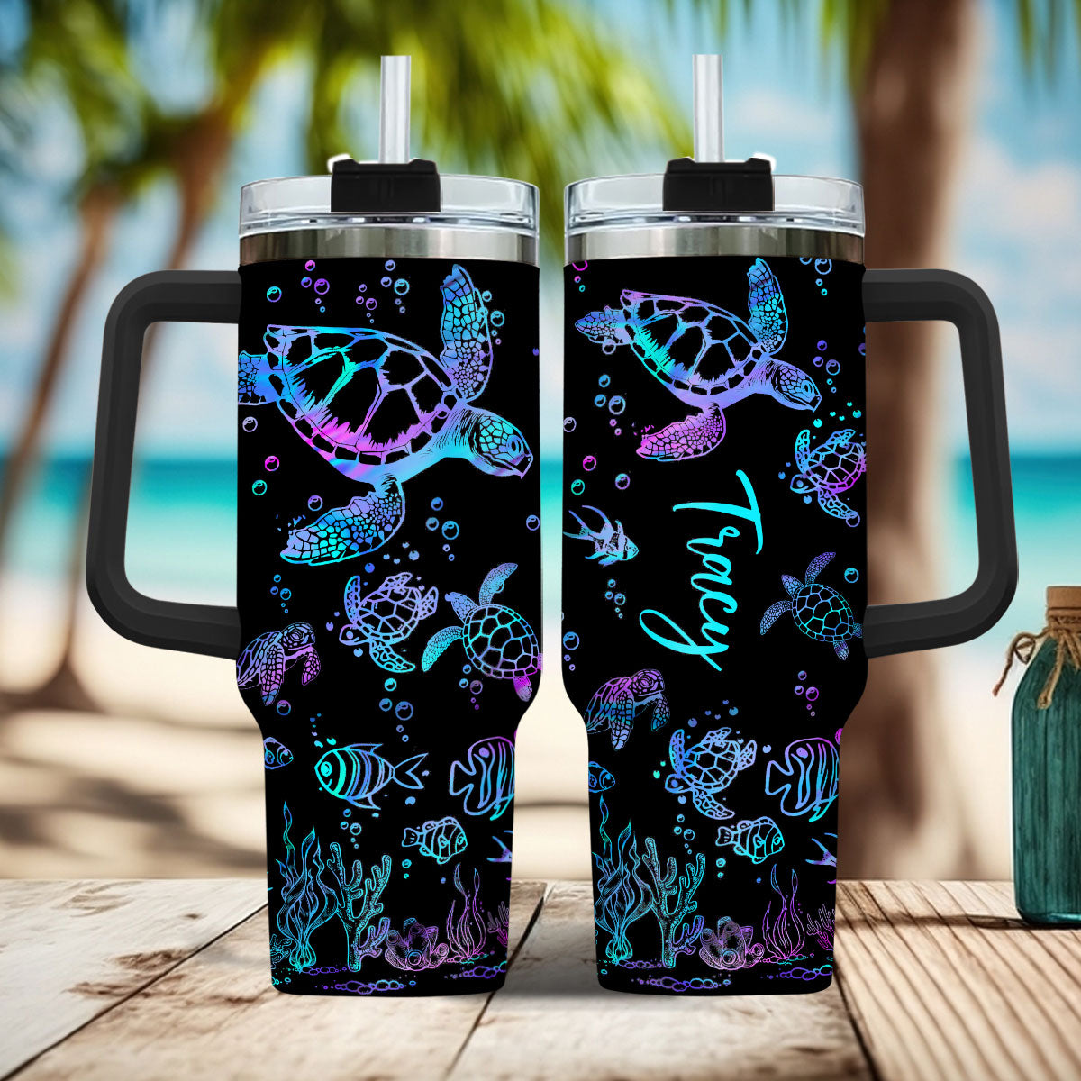 Gobelet personnalisé avec poignée - Tortues marines - Nom personnalisé - Tortues marines