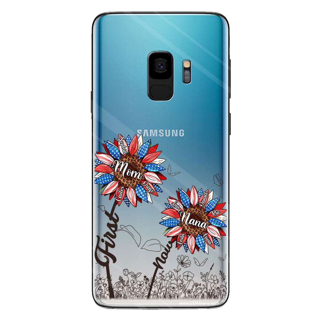 Première maman, maintenant grand-mère - Version Tournesol - Coque de téléphone transparente personnalisée pour grand-mère